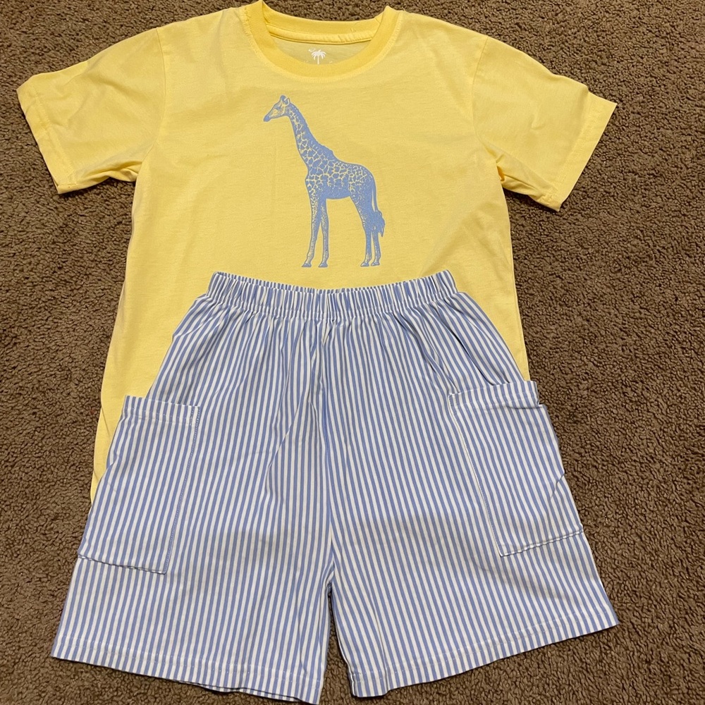 Shrimp & Grits Kids Boys Giraffe Graphic Top & Serendipity Striped Shorts